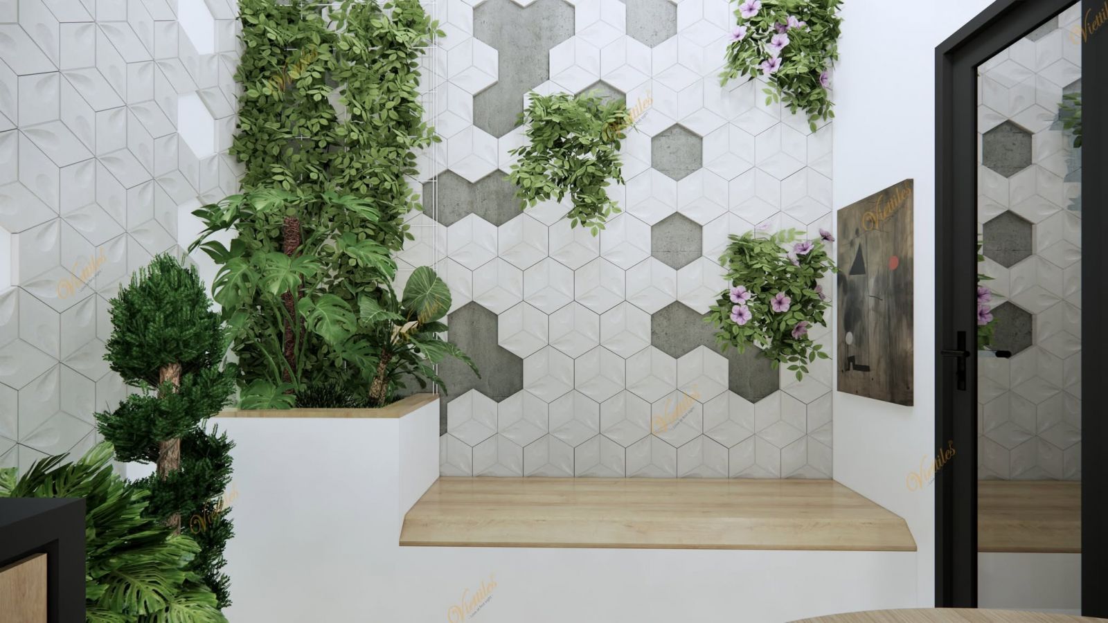 Hexagonal 3D wall tiles create a distinctive visual effect in otherwise simple spaces.