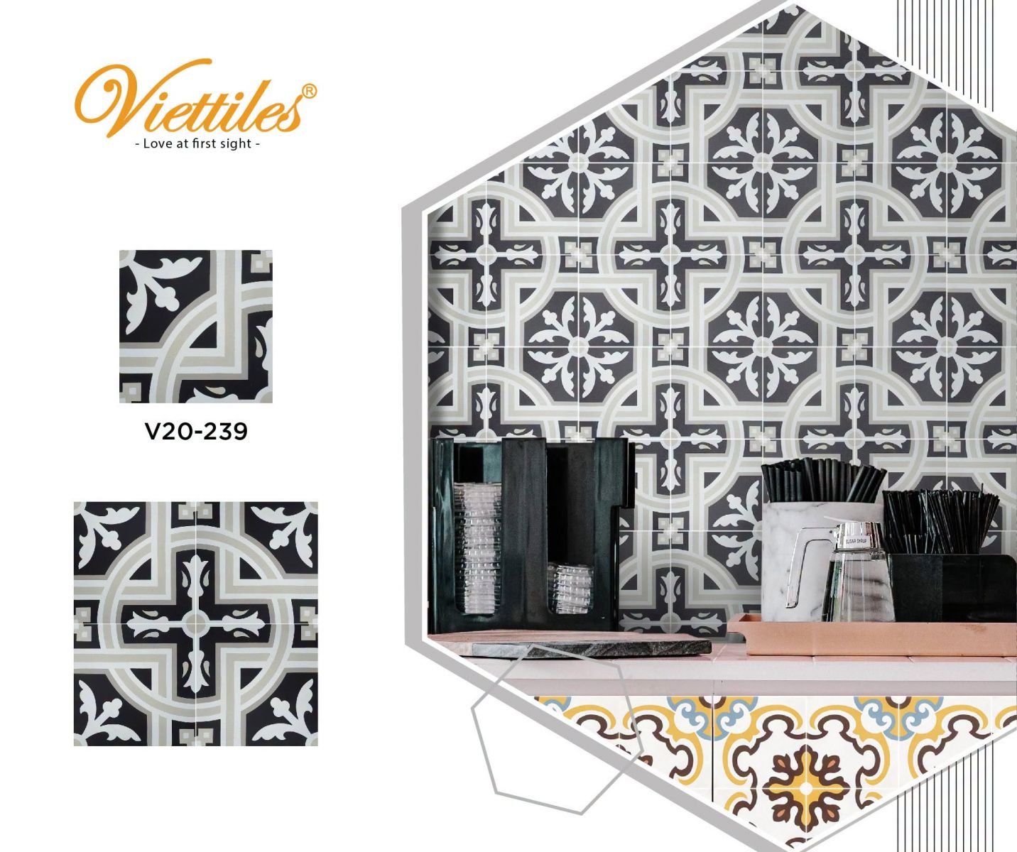 Gạch bông Viettiles mã V20-239 hoa văn cổ điển tone đen trắng xám